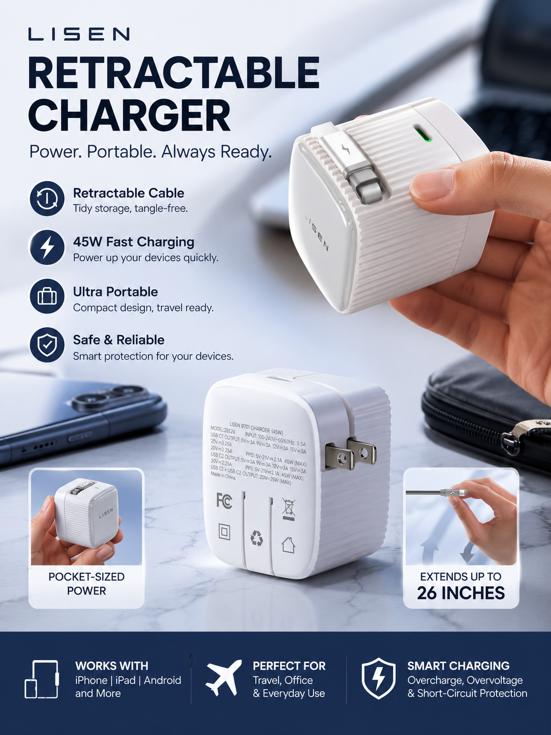 ⚡ LISEN 45W Retractable USB-C Fast Charger – Dual Port Power Block