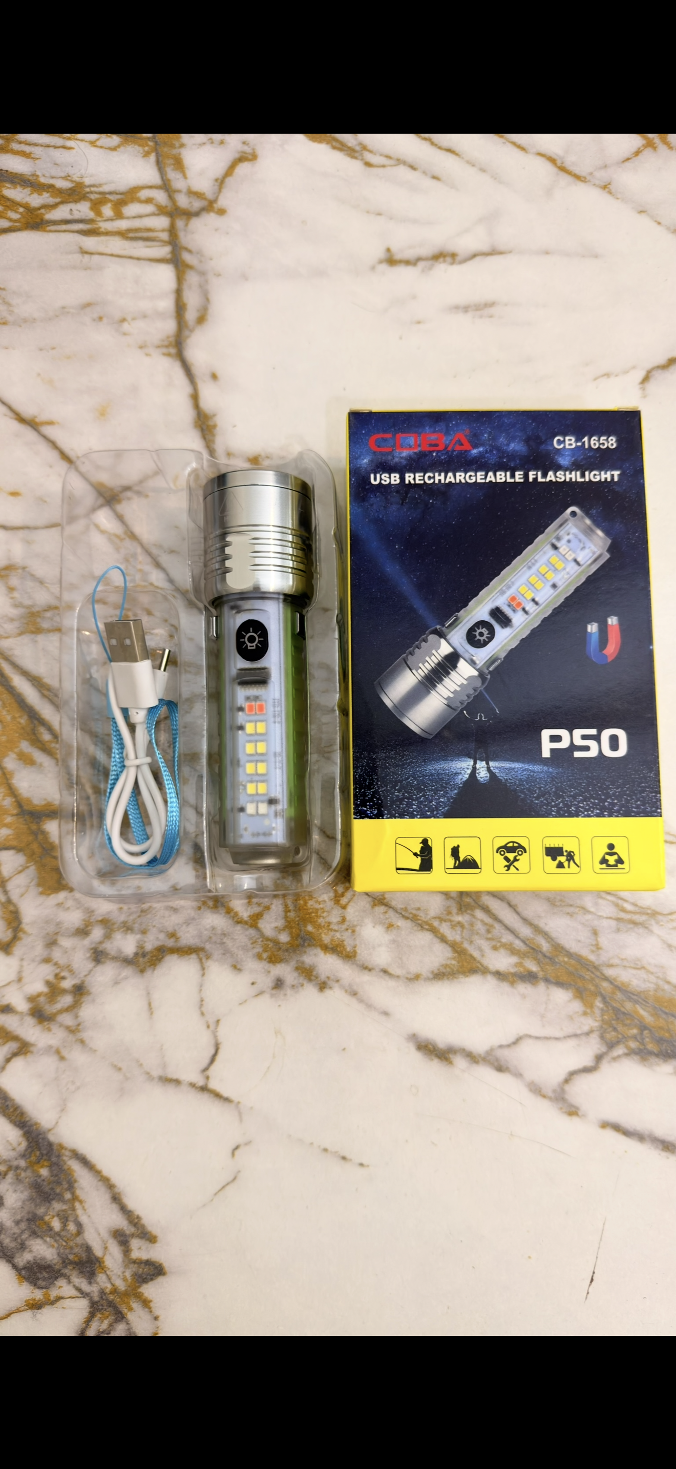 Coba CB-1658 Mini LED Torch – USB Rechargeable Zoom Flashlight with Multiple Modes