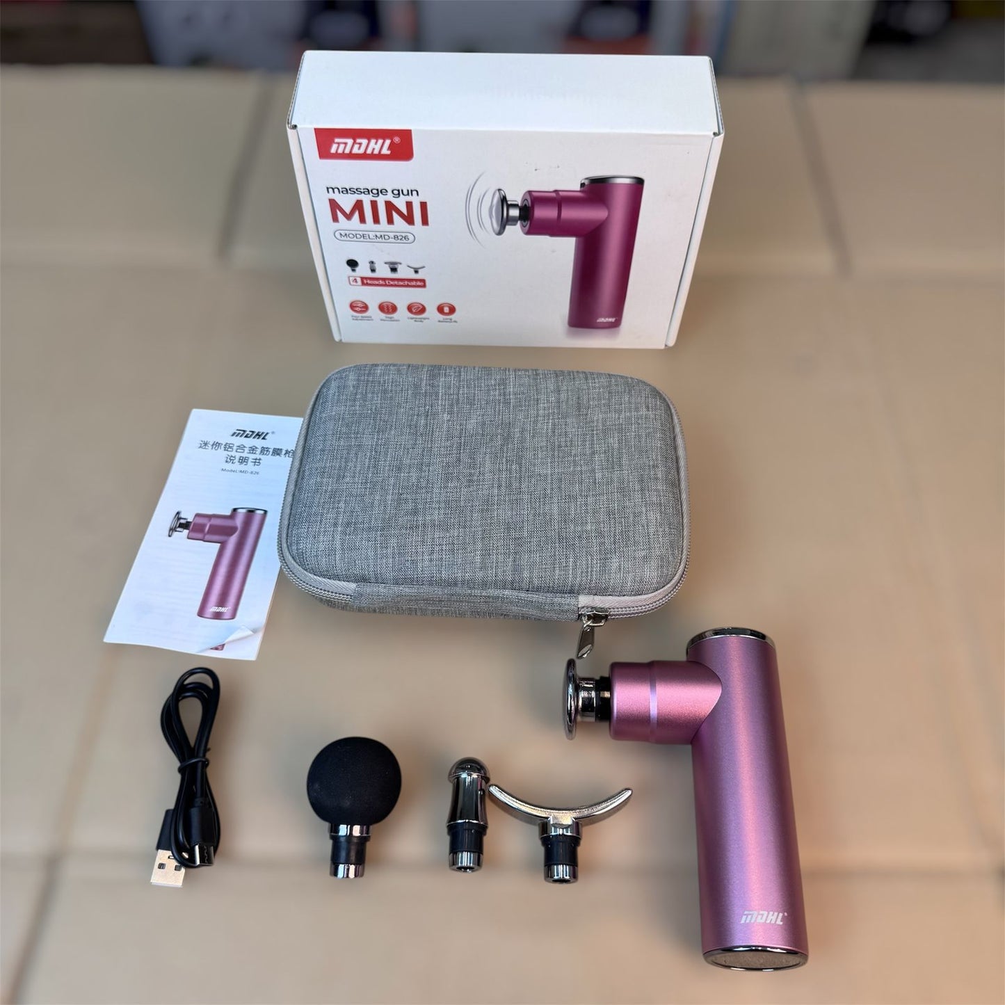 MDHL Mini Massage Gun MD-826 (Cordless, 4 Heads, 4 Speeds)